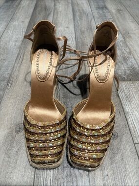 Nine West Gold Sequin Espadrille Wedges with Ankle Wrap